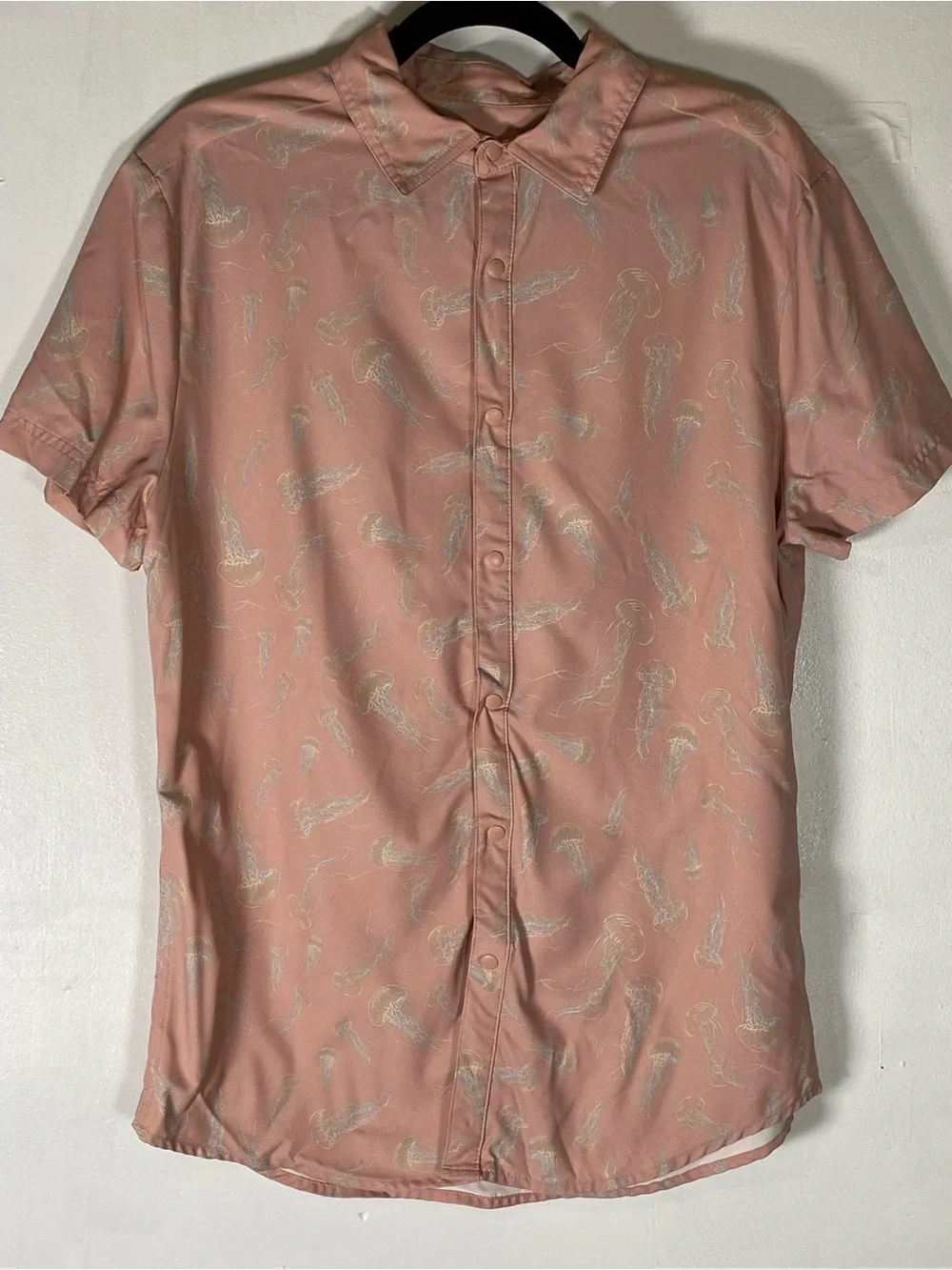 Jellyfish Button Up Shirt Pink Coastal Beachy M Snap Button Resortwear